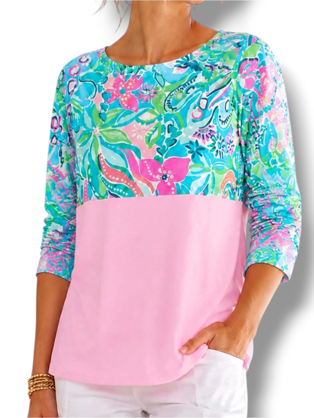 Lilly Pulitzer Finn Top Turquoise Oasis Golden Hour Pink Long Sleeve Large
